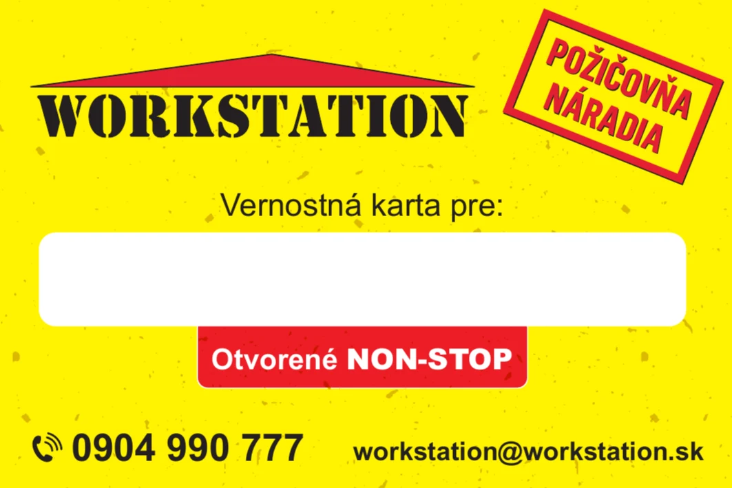 Predná strana vernostnej karty požičovne Workstation s kontaktom 0904 990 777